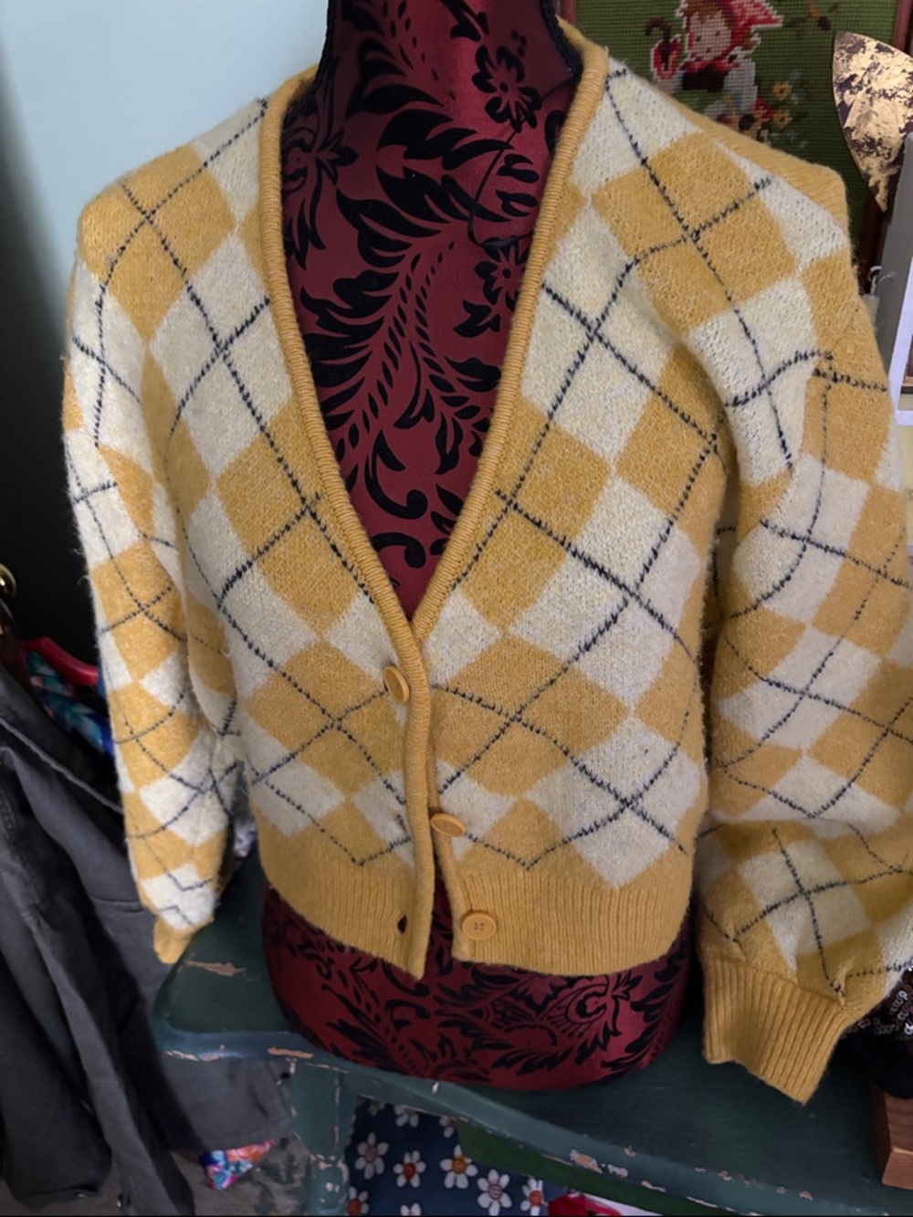 Divided Yellow and Cream Argyle V-Neck Cardigan